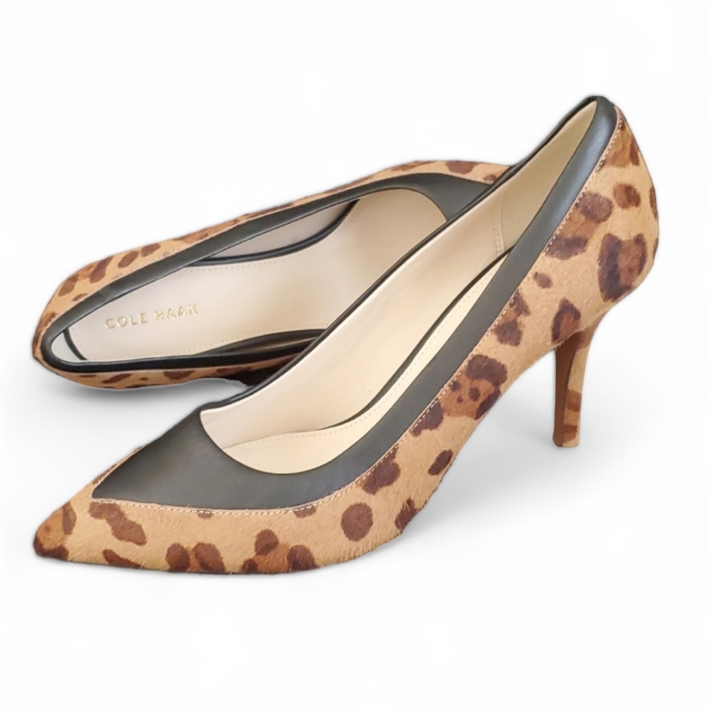 Cole Haan Valerie Genuine Leather Calf Hair Leopard Heel Pump Pointed To…